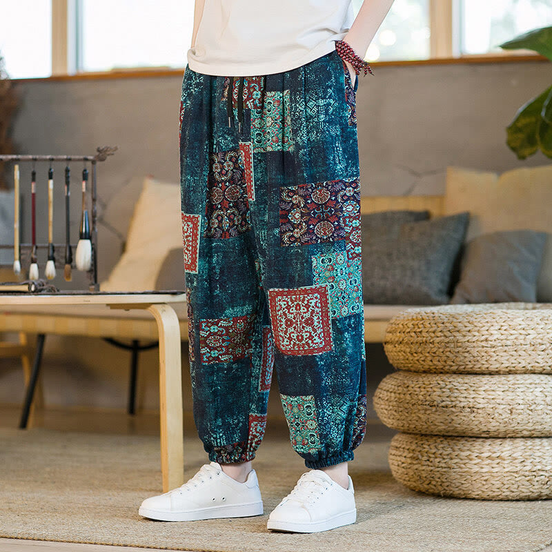 Pantalon sarouel d'été Foviel pour homme, longueur cheville, style patchwork à carreaux, avec poches