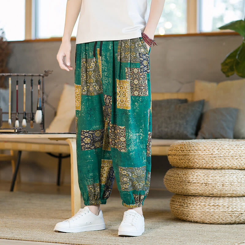 Pantalon sarouel d'été Foviel pour homme, longueur cheville, style patchwork à carreaux, avec poches