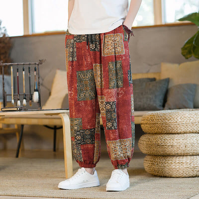 Pantalon sarouel d'été Foviel pour homme, longueur cheville, style patchwork à carreaux, avec poches