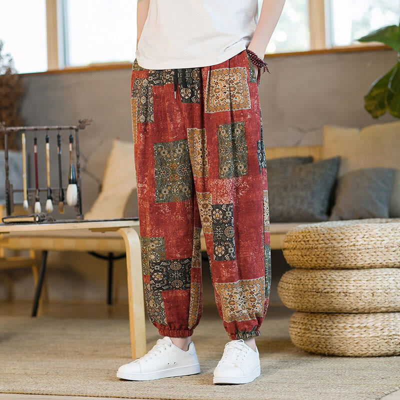 Pantalon sarouel d'été Foviel pour homme, longueur cheville, style patchwork à carreaux, avec poches