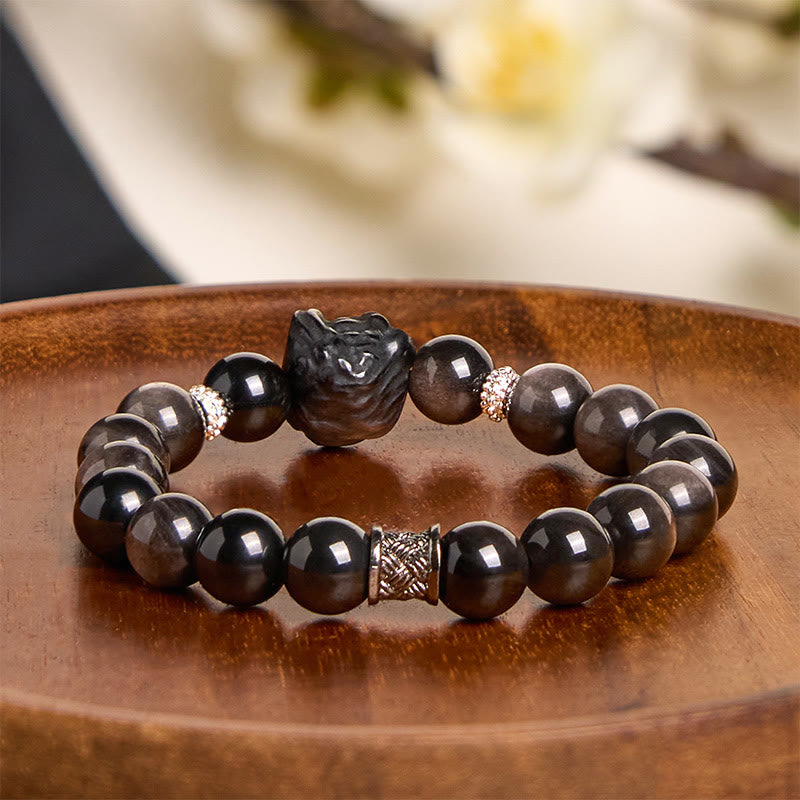 Foviel Natural Silver Sheen Obsidian Lion Dance Protection Bracelet