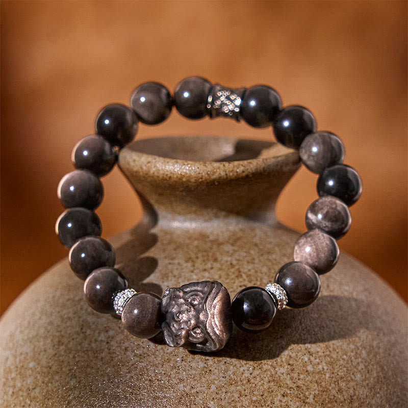 Foviel Natural Silver Sheen Obsidian Lion Dance Protection Bracelet