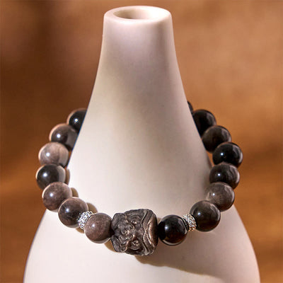 Foviel Natural Silver Sheen Obsidian Lion Dance Protection Bracelet
