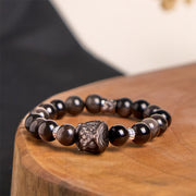 Foviel Natural Silver Sheen Obsidian Lion Dance Protection Bracelet