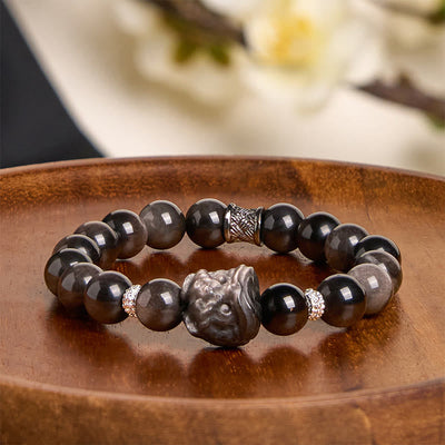 Foviel Natural Silver Sheen Obsidian Lion Dance Protection Bracelet