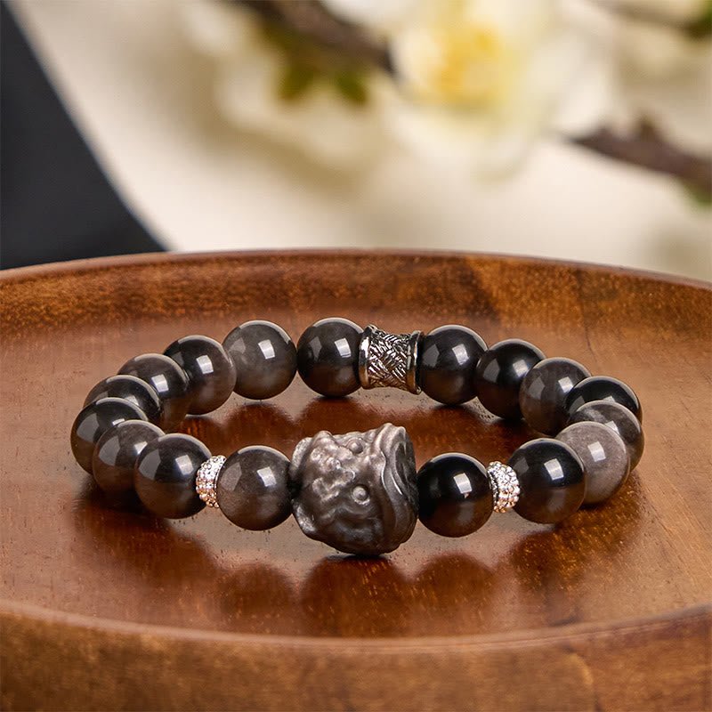 Foviel Natural Silver Sheen Obsidian Lion Dance Protection Bracelet