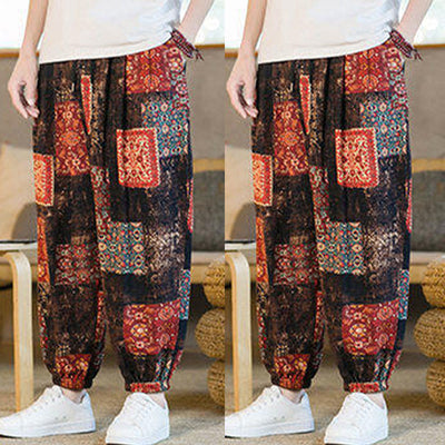 Pantalon sarouel d'été Foviel pour homme, longueur cheville, style patchwork à carreaux, avec poches