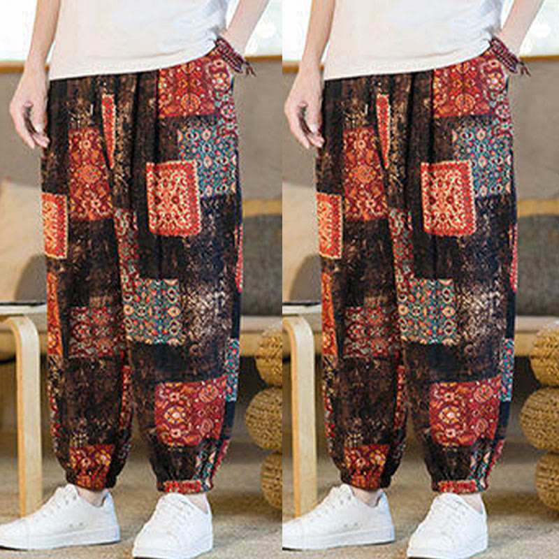 Pantalon sarouel d'été Foviel pour homme, longueur cheville, style patchwork à carreaux, avec poches