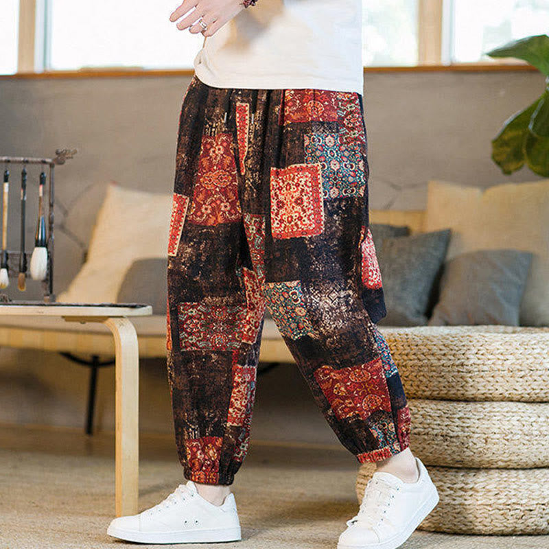 Pantalon sarouel d'été Foviel pour homme, longueur cheville, style patchwork à carreaux, avec poches