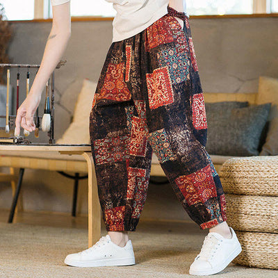 Pantalon sarouel d'été Foviel pour homme, longueur cheville, style patchwork à carreaux, avec poches