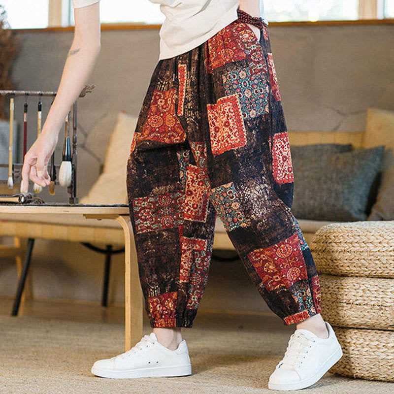 Pantalon sarouel d'été Foviel pour homme, longueur cheville, style patchwork à carreaux, avec poches
