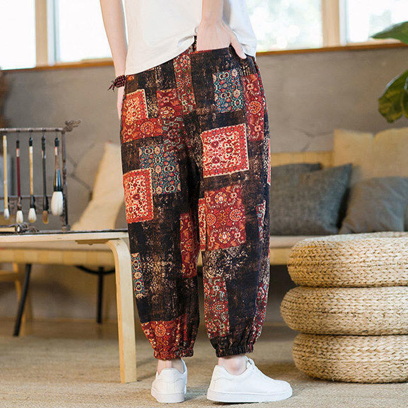 Pantalon sarouel d'été Foviel pour homme, longueur cheville, style patchwork à carreaux, avec poches