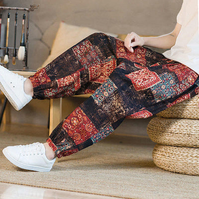Pantalon sarouel d'été Foviel pour homme, longueur cheville, style patchwork à carreaux, avec poches