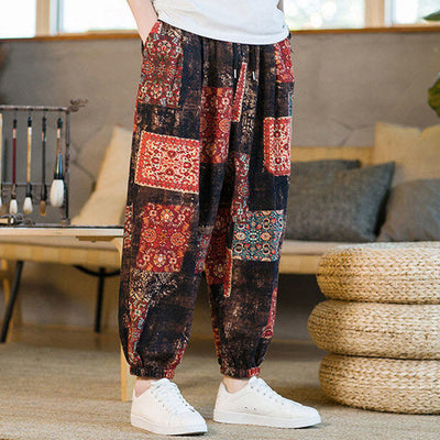 Pantalon sarouel d'été Foviel pour homme, longueur cheville, style patchwork à carreaux, avec poches