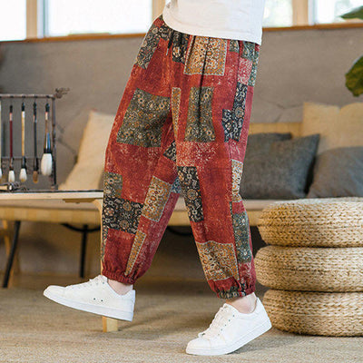 Pantalon sarouel d'été Foviel pour homme, longueur cheville, style patchwork à carreaux, avec poches
