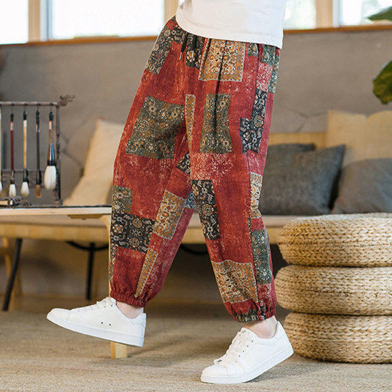 Pantalon sarouel d'été Foviel pour homme, longueur cheville, style patchwork à carreaux, avec poches