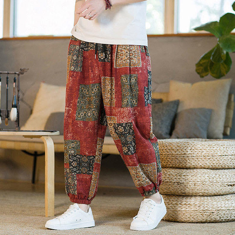 Pantalon sarouel d'été Foviel pour homme, longueur cheville, style patchwork à carreaux, avec poches