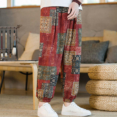 Pantalon sarouel d'été Foviel pour homme, longueur cheville, style patchwork à carreaux, avec poches