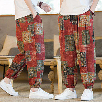 Pantalon sarouel d'été Foviel pour homme, longueur cheville, style patchwork à carreaux, avec poches