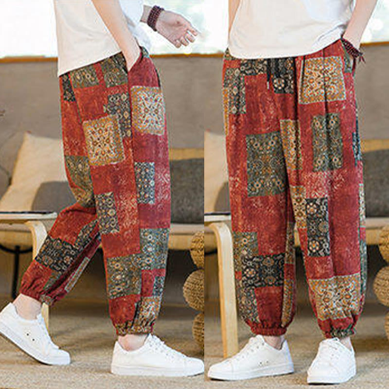 Pantalon sarouel d'été Foviel pour homme, longueur cheville, style patchwork à carreaux, avec poches