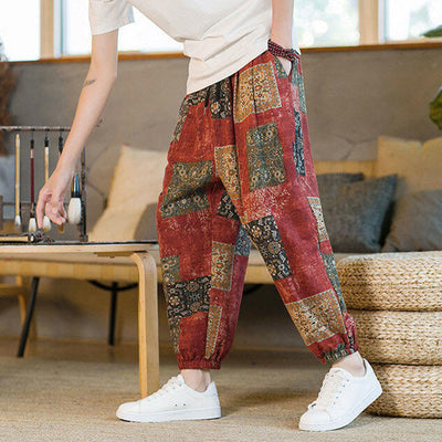 Pantalon sarouel d'été Foviel pour homme, longueur cheville, style patchwork à carreaux, avec poches