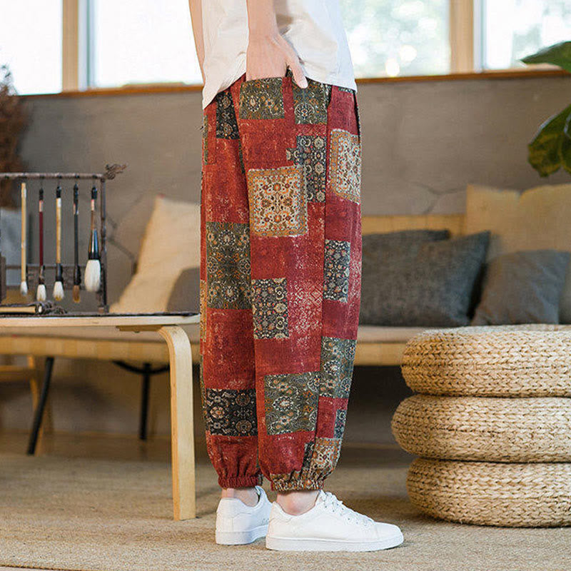 Pantalon sarouel d'été Foviel pour homme, longueur cheville, style patchwork à carreaux, avec poches