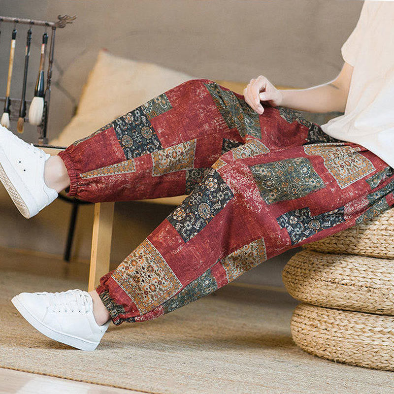 Pantalon sarouel d'été Foviel pour homme, longueur cheville, style patchwork à carreaux, avec poches