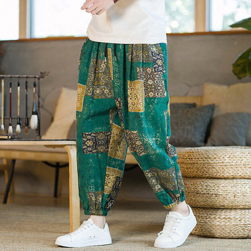 Pantalon sarouel d'été Foviel pour homme, longueur cheville, style patchwork à carreaux, avec poches