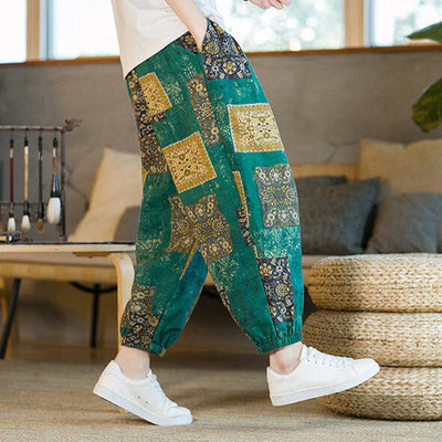 Pantalon sarouel d'été Foviel pour homme, longueur cheville, style patchwork à carreaux, avec poches