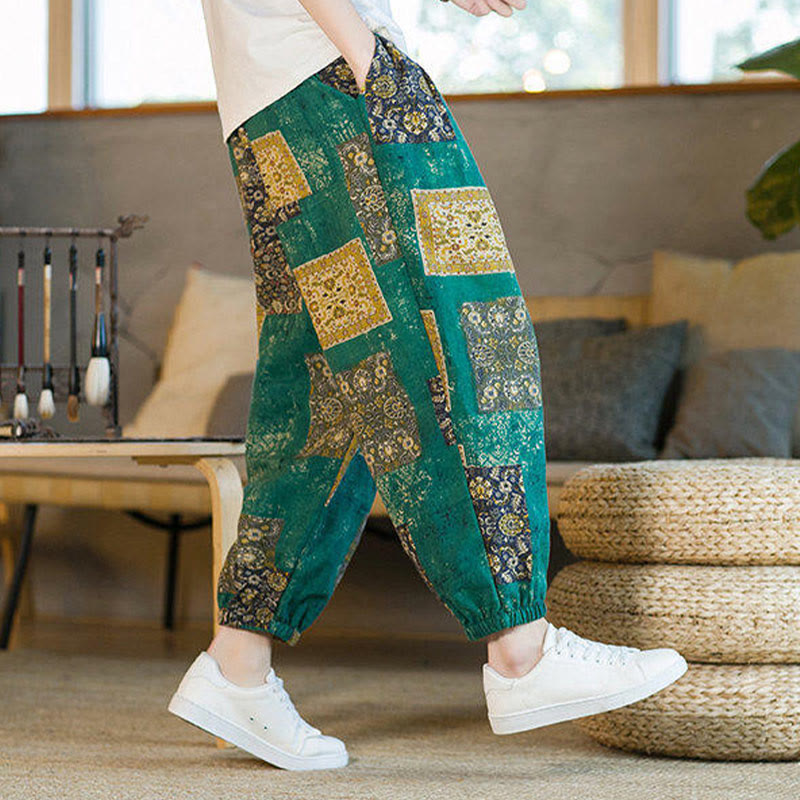 Pantalon sarouel d'été Foviel pour homme, longueur cheville, style patchwork à carreaux, avec poches