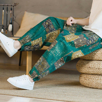 Pantalon sarouel d'été Foviel pour homme, longueur cheville, style patchwork à carreaux, avec poches
