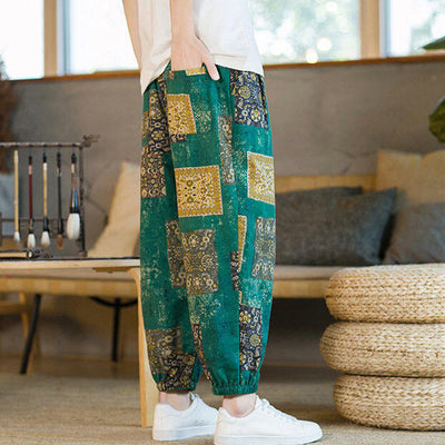 Pantalon sarouel d'été Foviel pour homme, longueur cheville, style patchwork à carreaux, avec poches
