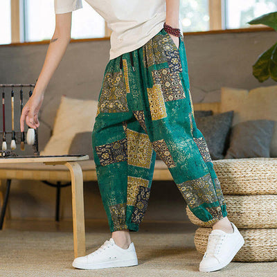 Pantalon sarouel d'été Foviel pour homme, longueur cheville, style patchwork à carreaux, avec poches