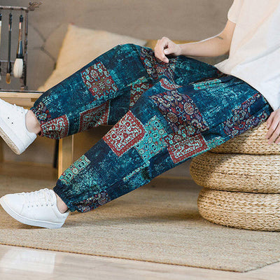 Pantalon sarouel d'été Foviel pour homme, longueur cheville, style patchwork à carreaux, avec poches