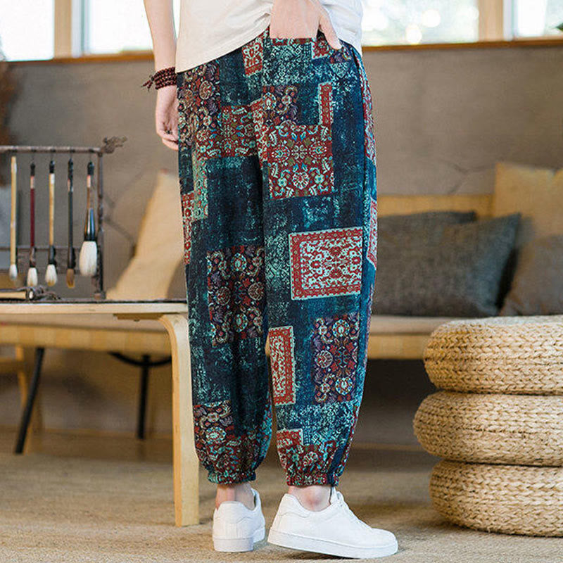 Pantalon sarouel d'été Foviel pour homme, longueur cheville, style patchwork à carreaux, avec poches
