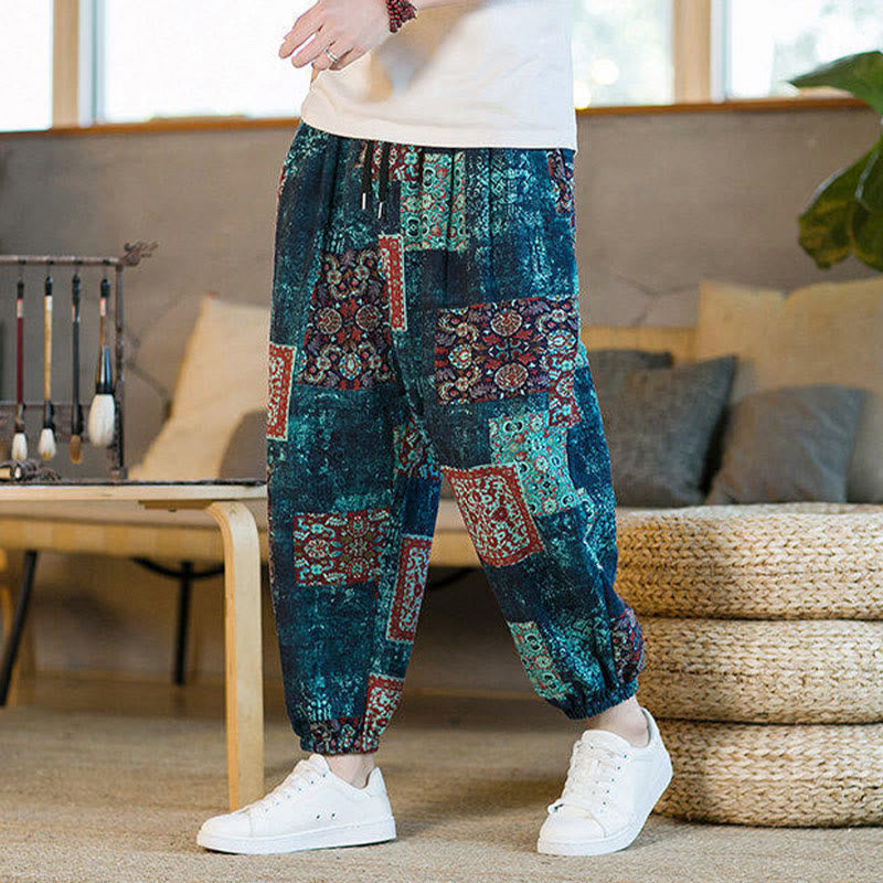Pantalon sarouel d'été Foviel pour homme, longueur cheville, style patchwork à carreaux, avec poches