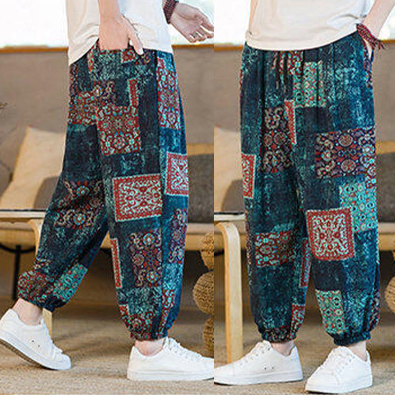 Pantalon sarouel d'été Foviel pour homme, longueur cheville, style patchwork à carreaux, avec poches