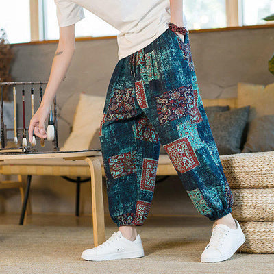 Pantalon sarouel d'été Foviel pour homme, longueur cheville, style patchwork à carreaux, avec poches