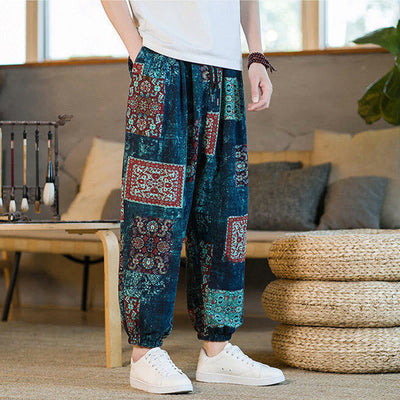 Pantalon sarouel d'été Foviel pour homme, longueur cheville, style patchwork à carreaux, avec poches