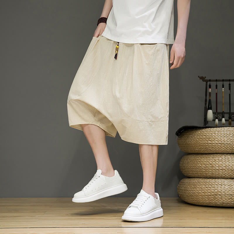 Pantalon Capri décontracté pour homme Foviel en coton et lin avec cordon de serrage et poches