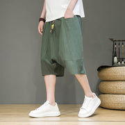 Foviel Casual Drawstring Cotton Linen Men's Capri Harem Pants With Pockets