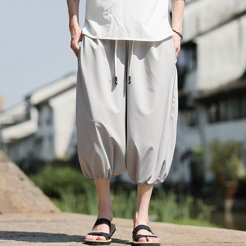 Buddha Stones Solid Drawstring Men's Capri Cropped Harem Pants With Pockets - image 14