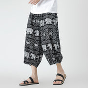 Foviel Summer Square Patchwork Elephant Mandala Geometry Cotton Linen Men's 7-8 Length Pants With Pockets
