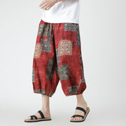 Foviel Summer Square Patchwork Elephant Mandala Geometry Cotton Linen Men's 7-8 Length Pants With Pockets