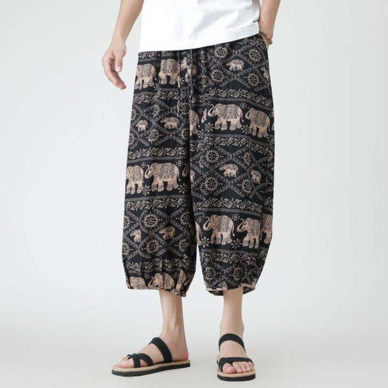 Buddha Stones Summer Square Patchwork Elephant Mandala Geometry Cotton Linen Men's 7-8 Length Pants With Pockets - image 27