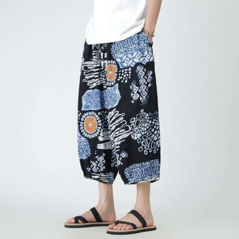 Buddha Stones Summer Square Patchwork Elephant Mandala Geometry Cotton Linen Men's 7-8 Length Pants With Pockets - image 37