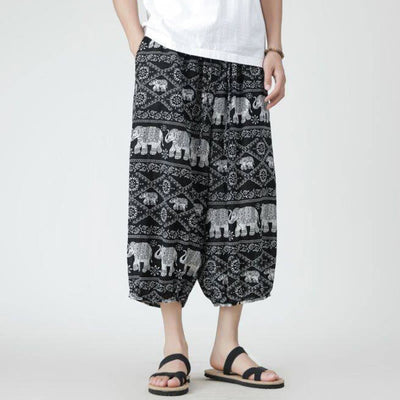 Buddha Stones Summer Square Patchwork Elephant Mandala Geometry Cotton Linen Men's 7-8 Length Pants With Pockets - image 47