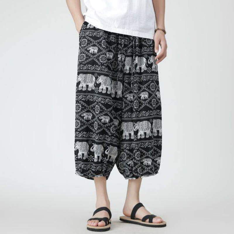 Buddha Stones Summer Square Patchwork Elephant Mandala Geometry Cotton Linen Men's 7-8 Length Pants With Pockets - image 47