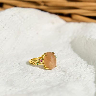 Foviel Hollow Vine Design Peach Moonstone Adjustable Happiness Ring