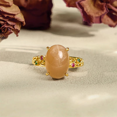 Foviel Hollow Vine Design Peach Moonstone Adjustable Happiness Ring